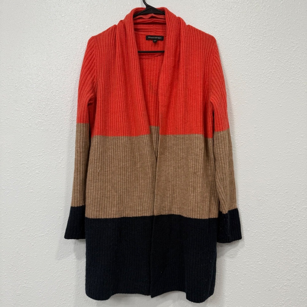 Banana Republic Colorblock Shawl Collar Cardigan Sweater Coral Tan Black XS